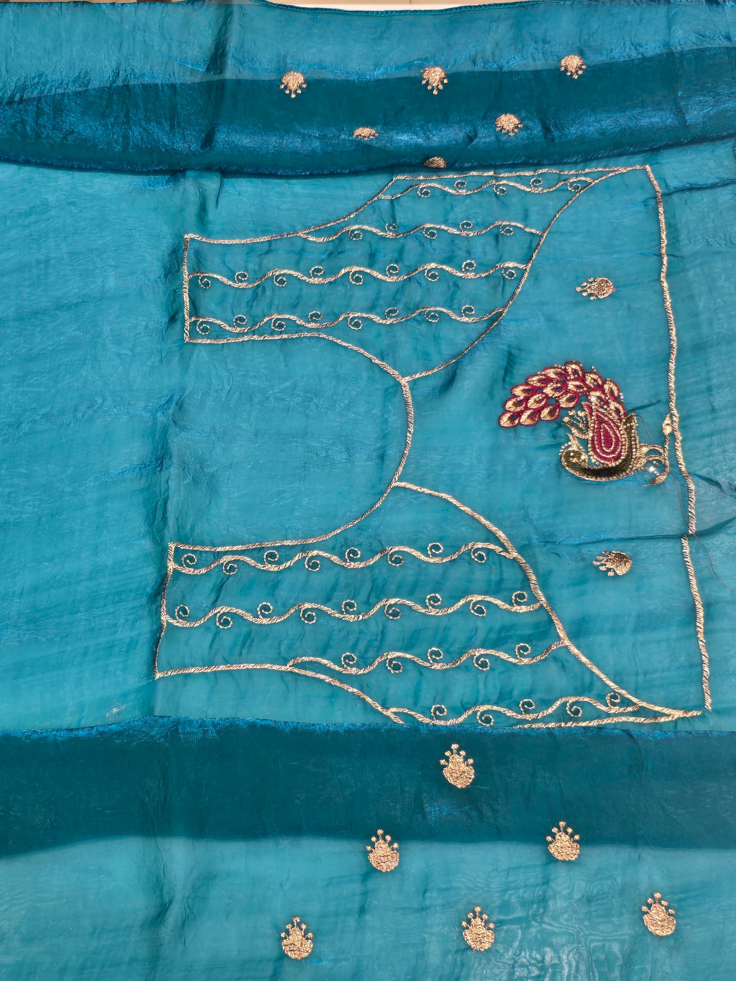 Teal Blue Embroidered Silk Saree with Elegant Paisley Motifs