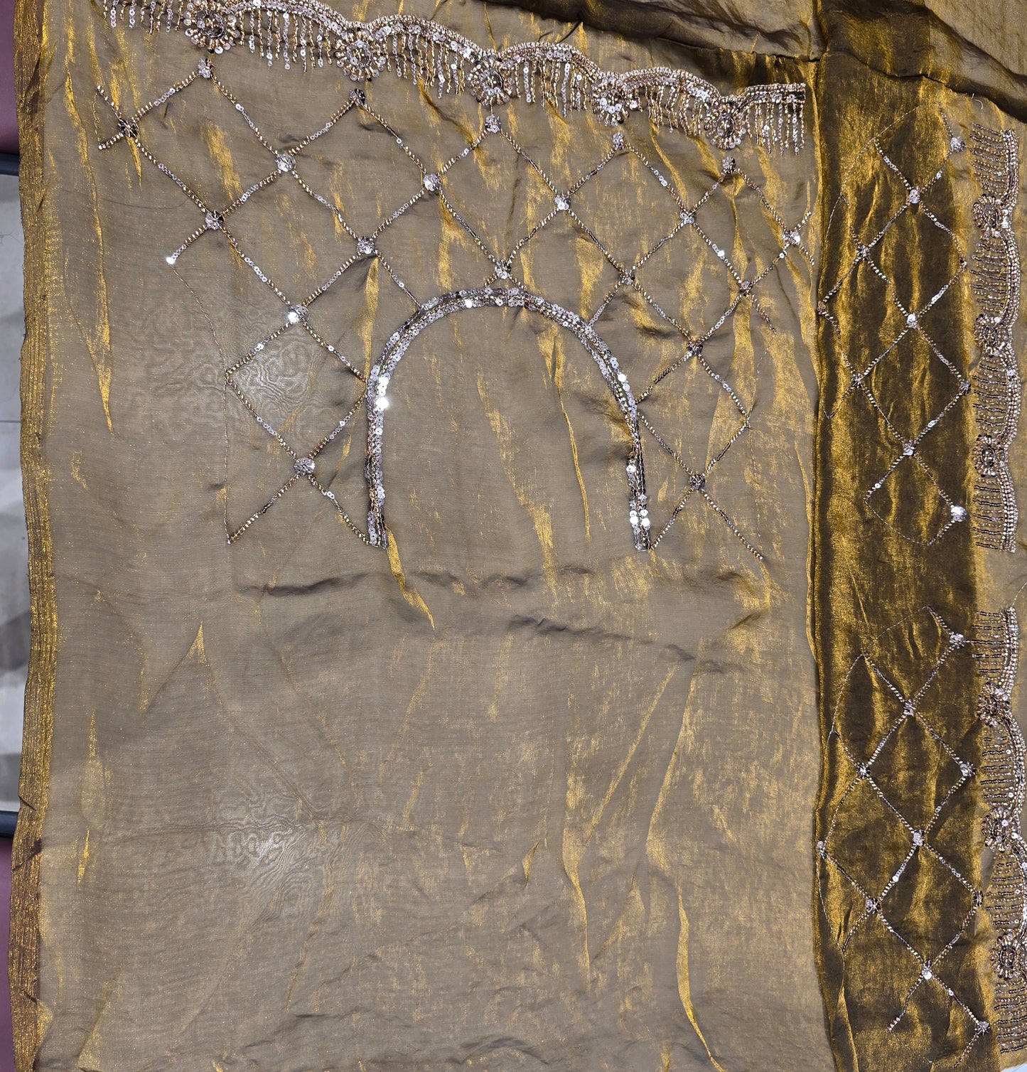 Antique Gold Designer Party Wear Saree with Sequin Diamond Grid Work
