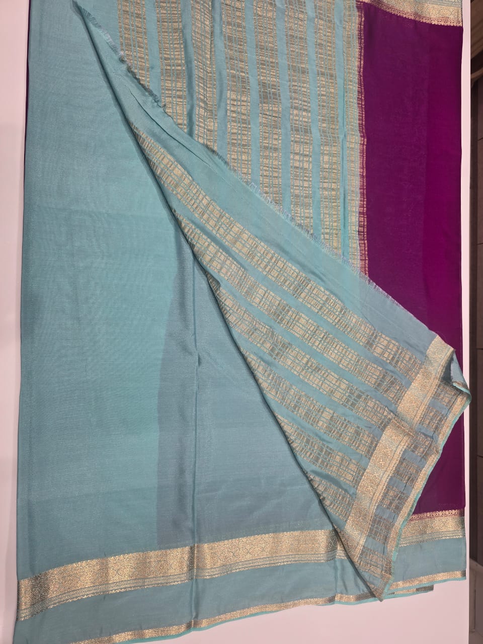 Magenta & Sky Blue Semi Mysore Crape Saree