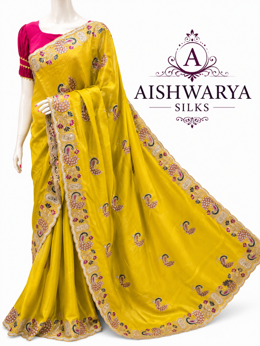 Sunshine Yellow Silk Saree with Exquisite Paisley Embroidery Border