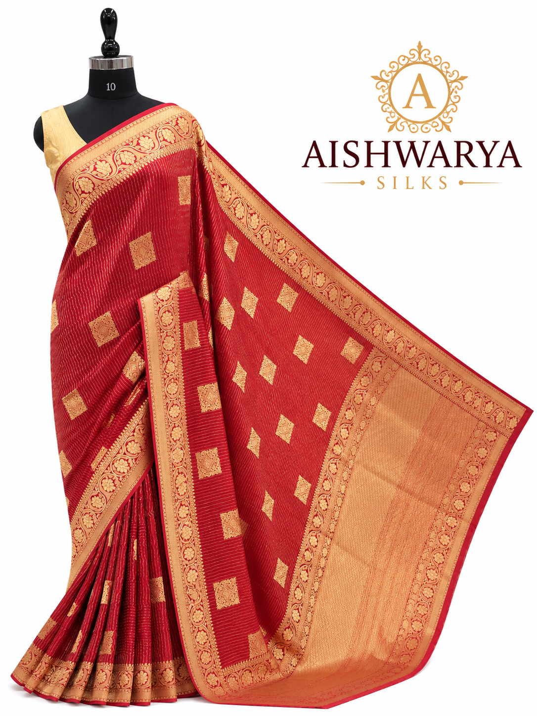 Ruby Red Banarasi Silk Saree with Gold Zari Buttas