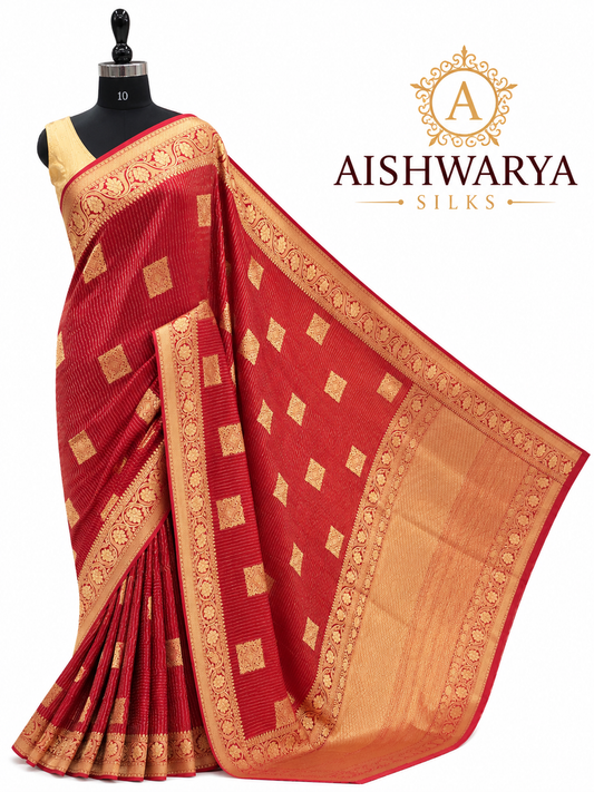Ruby Red Banarasi Silk Saree with Gold Zari Buttas