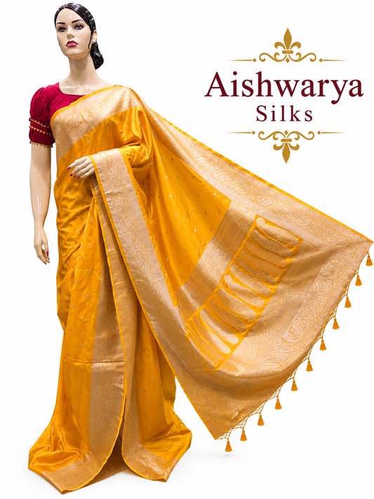 Mustard Yellow Semi Mashru Banaras Saree with Rich Zari Weaving