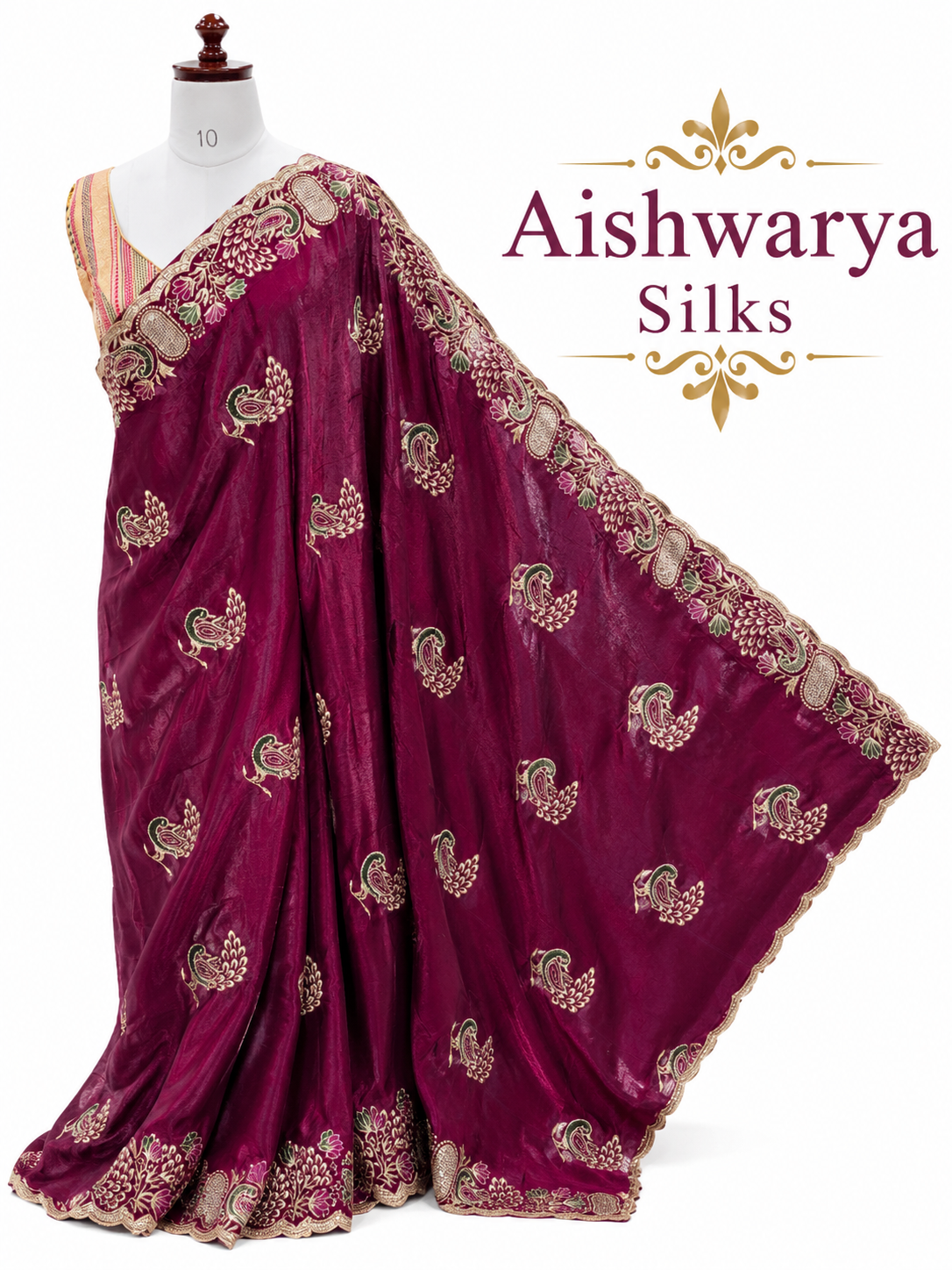 Magenta Wine Silk Saree with Elegant Peacock Embroidery Work