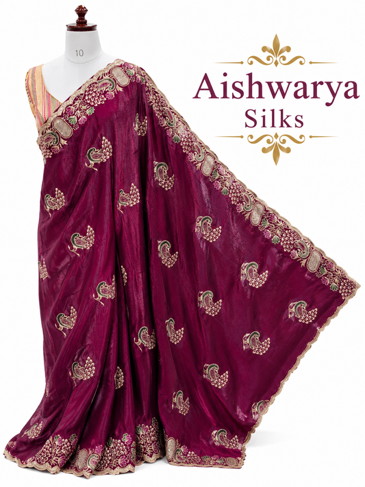 Magenta Wine Silk Saree with Elegant Peacock Embroidery Work