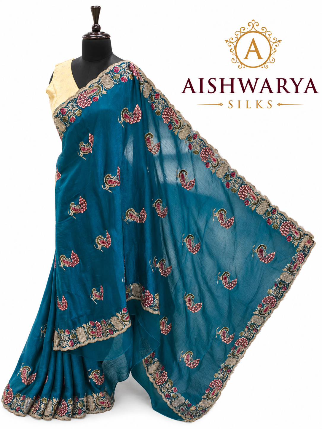 Teal Blue Embroidered Silk Saree with Elegant Paisley Motifs