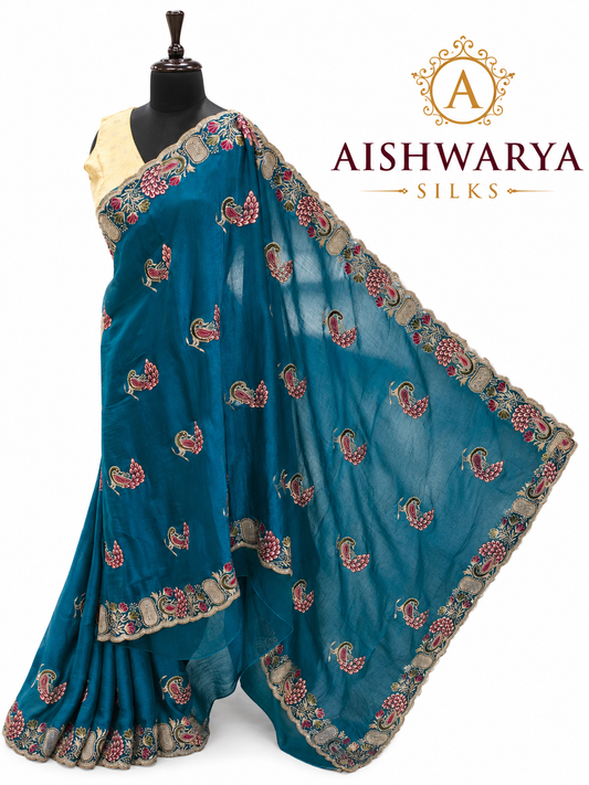 Teal Blue Embroidered Silk Saree with Elegant Paisley Motifs