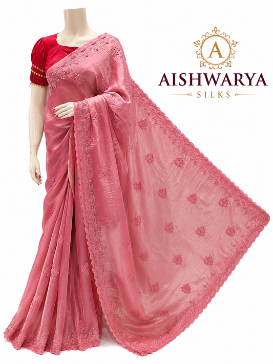 Pink Embroidered Silk Saree with Elegant Floral Thread Work