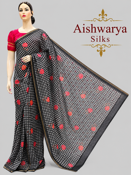 Cotton Linen Saree with Floral Check Print Design