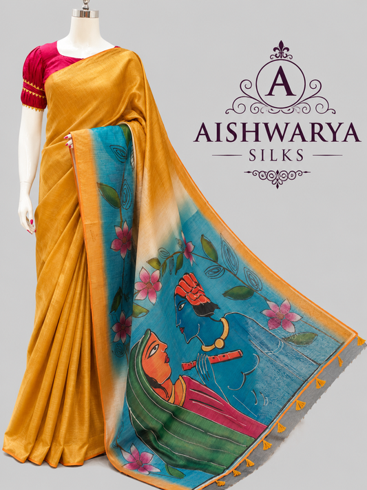 Mustard Yellow Cotton Linen Saree with Artistic Hand-Painted Pallu
