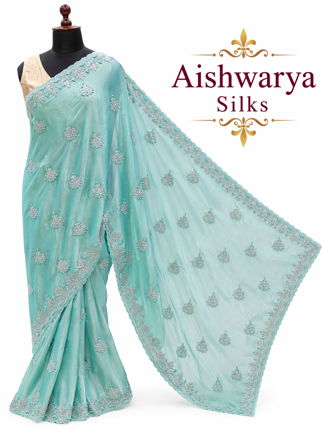 Sea Green Designer Party Wear Saree with Intricate Stone Embroidery Work