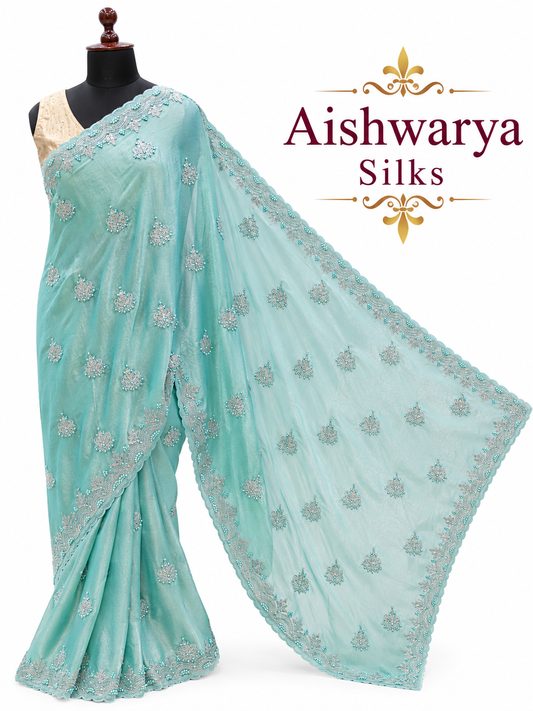 Sea Green Designer Party Wear Saree with Intricate Stone Embroidery Work
