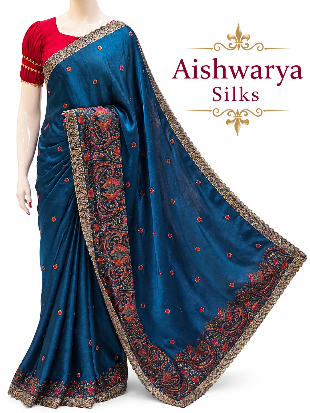 Teal Blue Silk Saree with Intricate Paisley Embroidery Work
