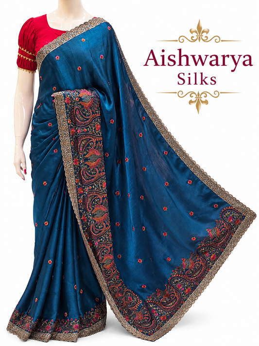 Teal Blue Silk Saree with Intricate Paisley Embroidery Work