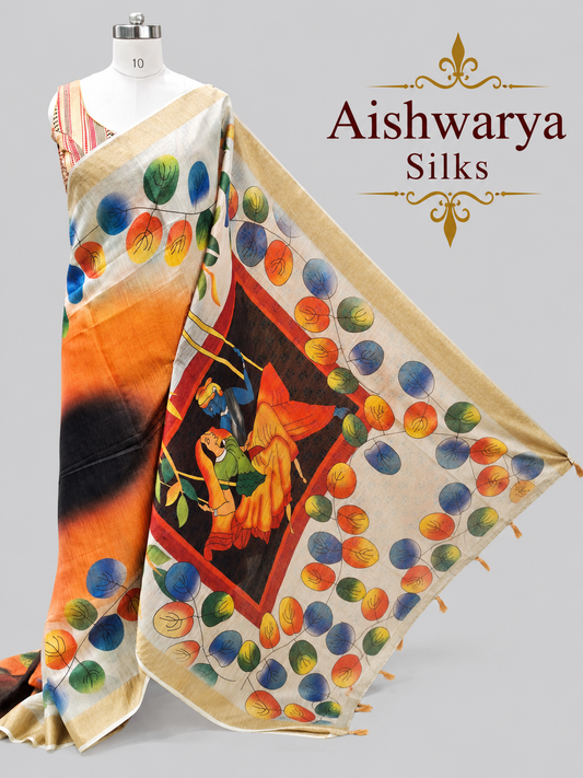 Cotton Linen Saree with Artistic Radha Krishna Print