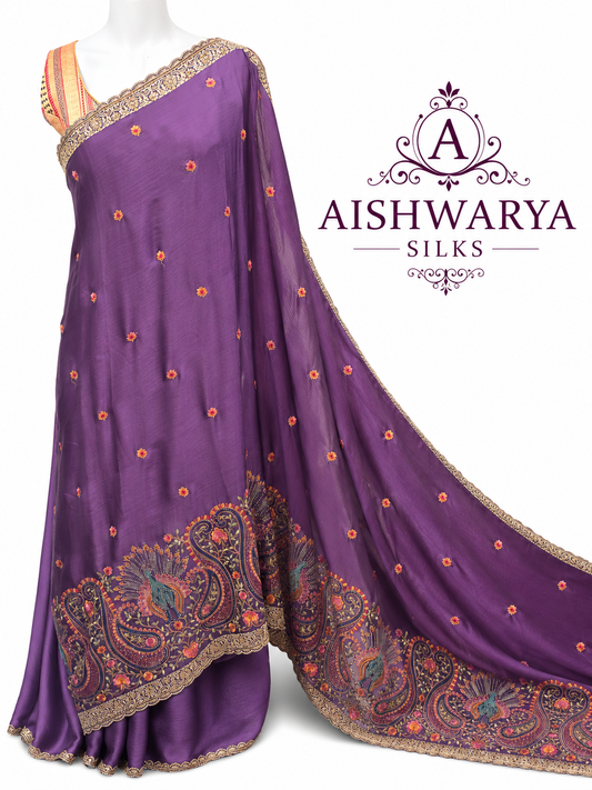 Royal Purple Silk Saree with Intricate Paisley Floral Border