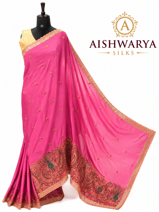 Fuchsia Pink Silk Saree with Elegant Paisley Embroidery