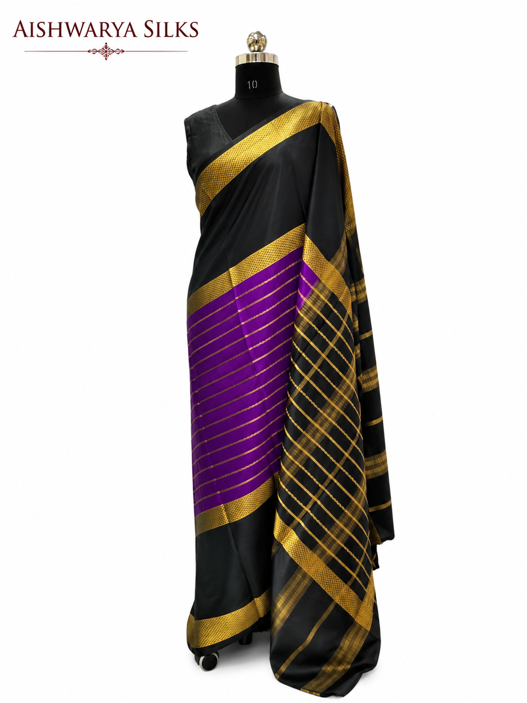 Black & Purple Semi Mysore Crepe Saree