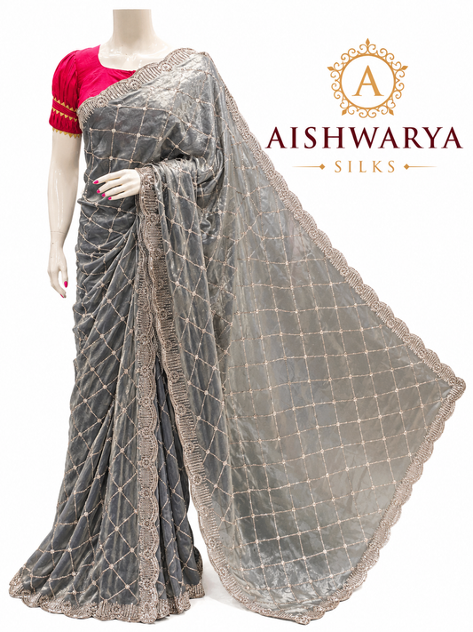 Steel Grey Designer Silk Saree with Elegant Diamond Weave Pattern