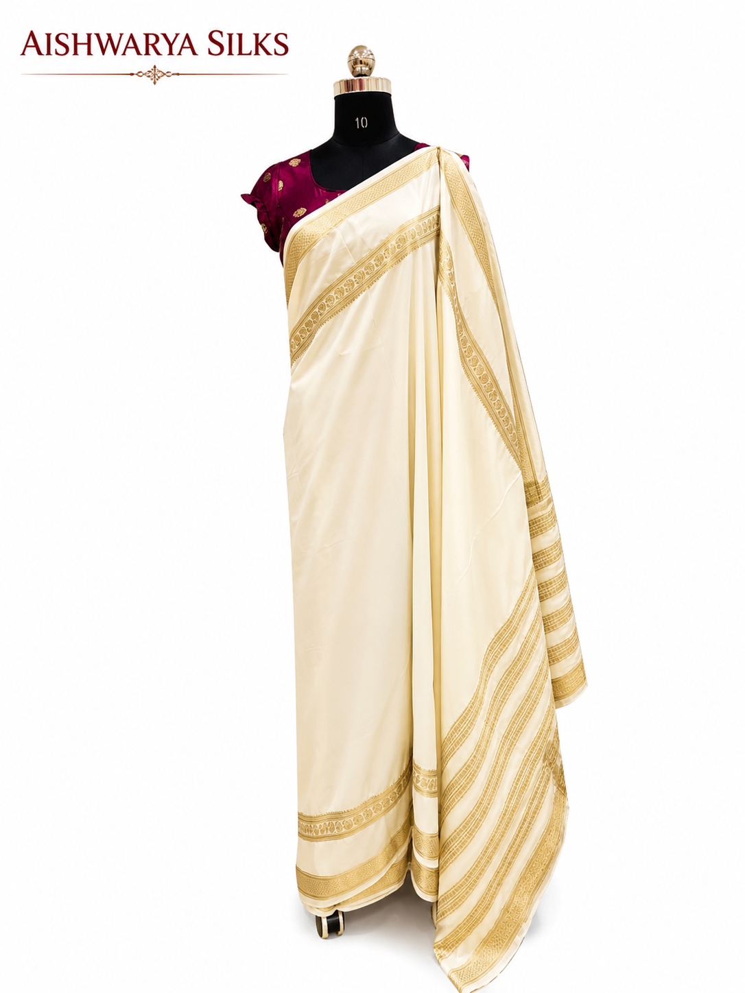 Cream & Gold Traditional Semi Mysore Crape Saree
