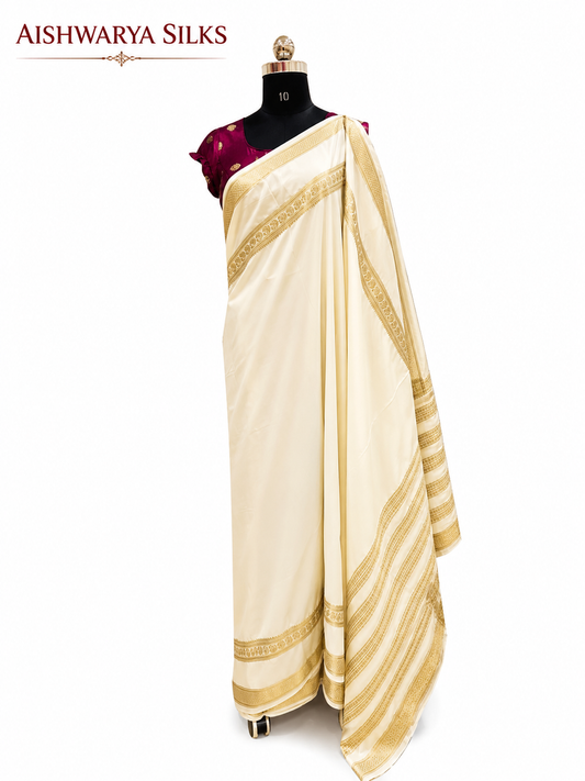 Cream & Gold Traditional Semi Mysore Crape Saree
