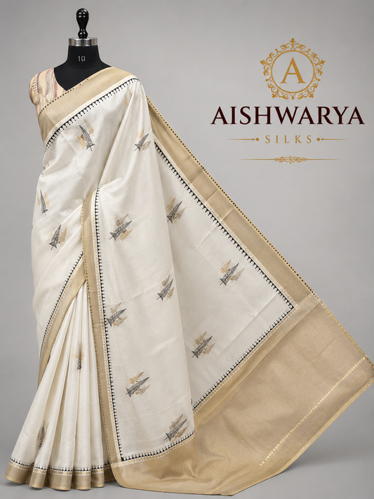 Off White Cotton Linen Saree with Elegant Woven Motifs