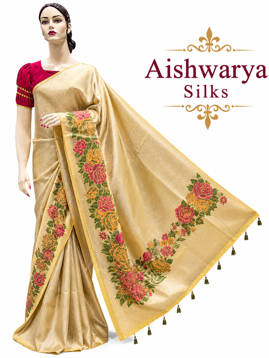 Champagne Gold Semi Mashru Banaras Saree with Floral Border Design