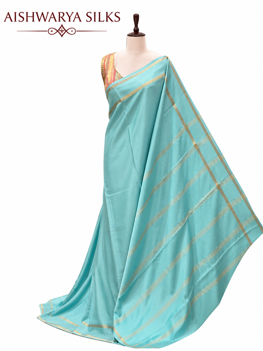 Aqua Blue Pure CSS Jari Mysore Silk Saree