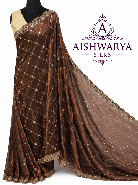 Chocolate Brown Silk Saree with Elegant Diamond Sequin Work