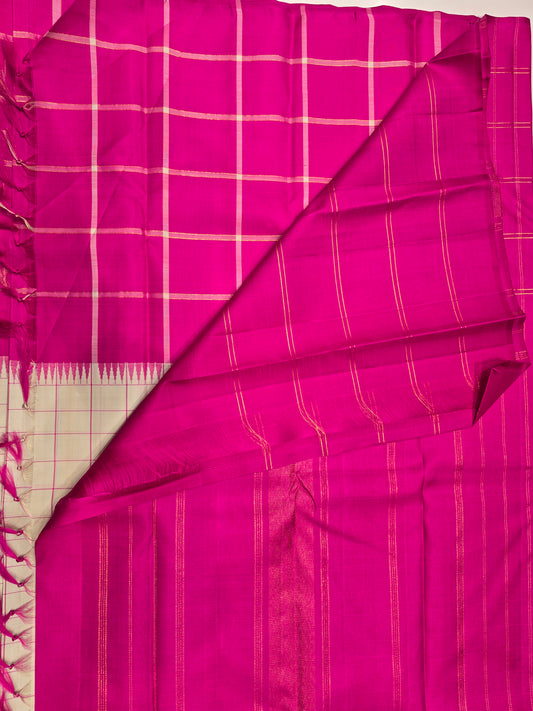 Rani Pink & Ivory White Pure Kanchipuram Silk Saree 💖🤍