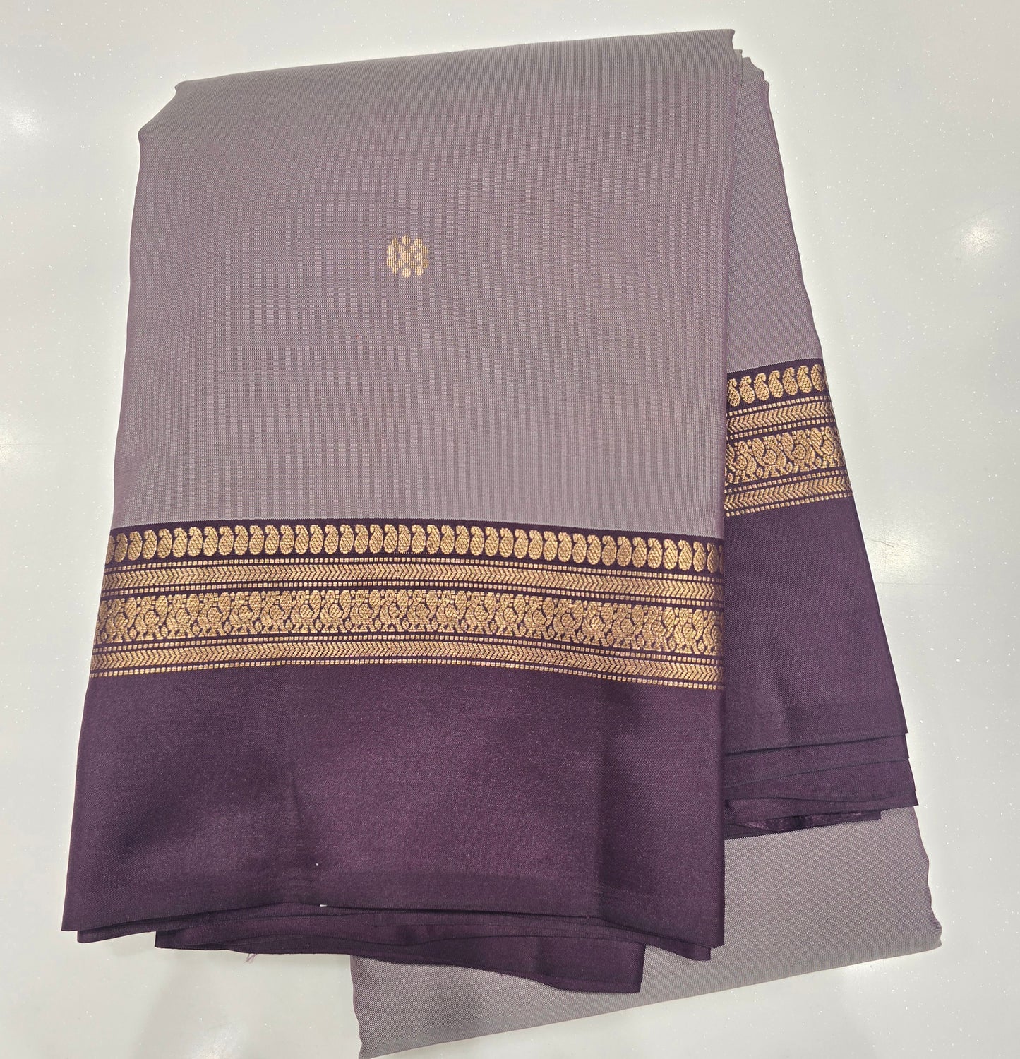 Silver Grey & Aubergine Purple Pure Kanchipuram Silk Saree