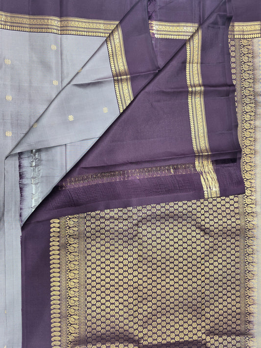 Silver Grey & Aubergine Purple Pure Kanchipuram Silk Saree