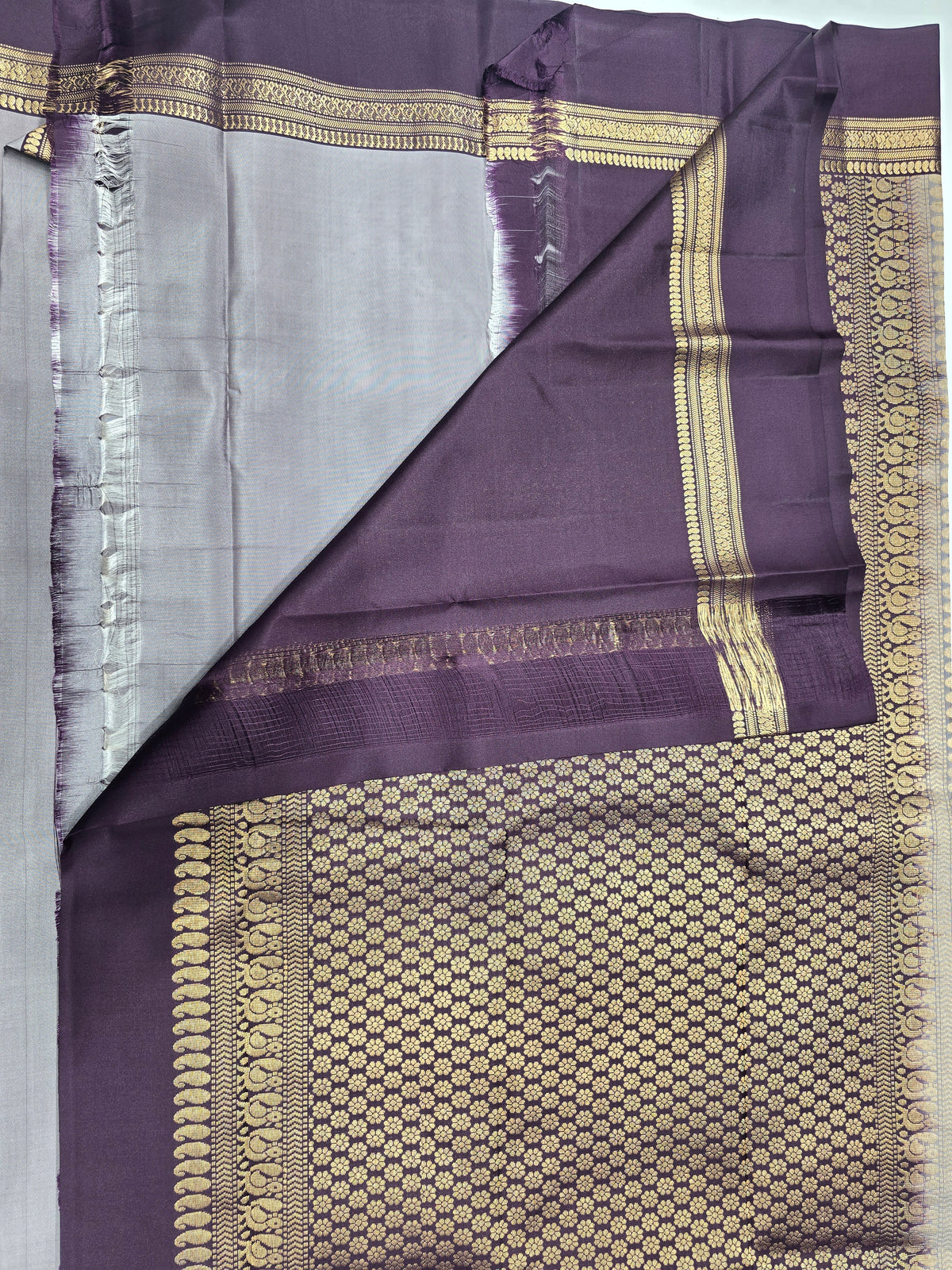 Silver Grey & Aubergine Purple Pure Kanchipuram Silk Saree