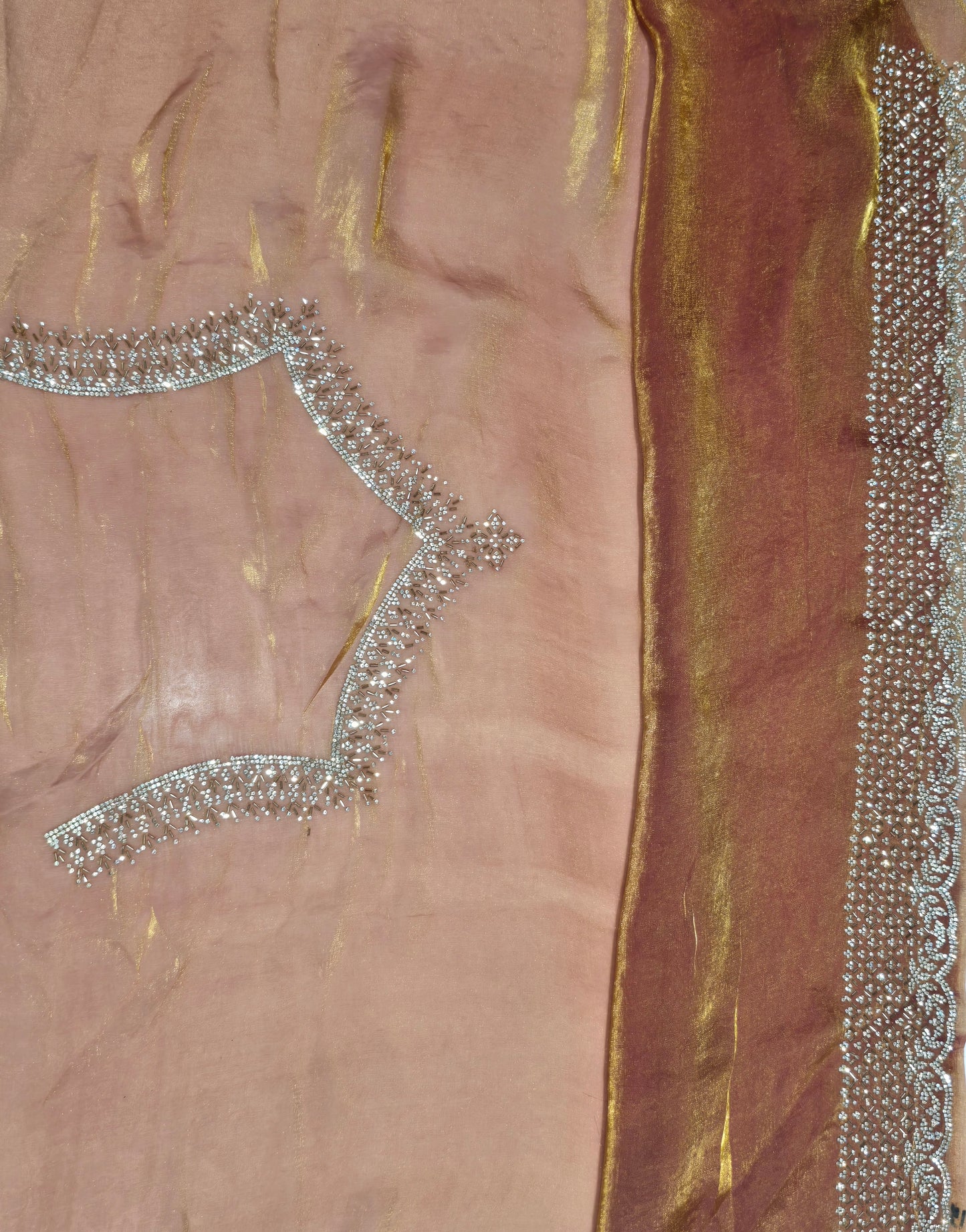 Copper Gold Silk Saree with Intricate Silver Dot Work