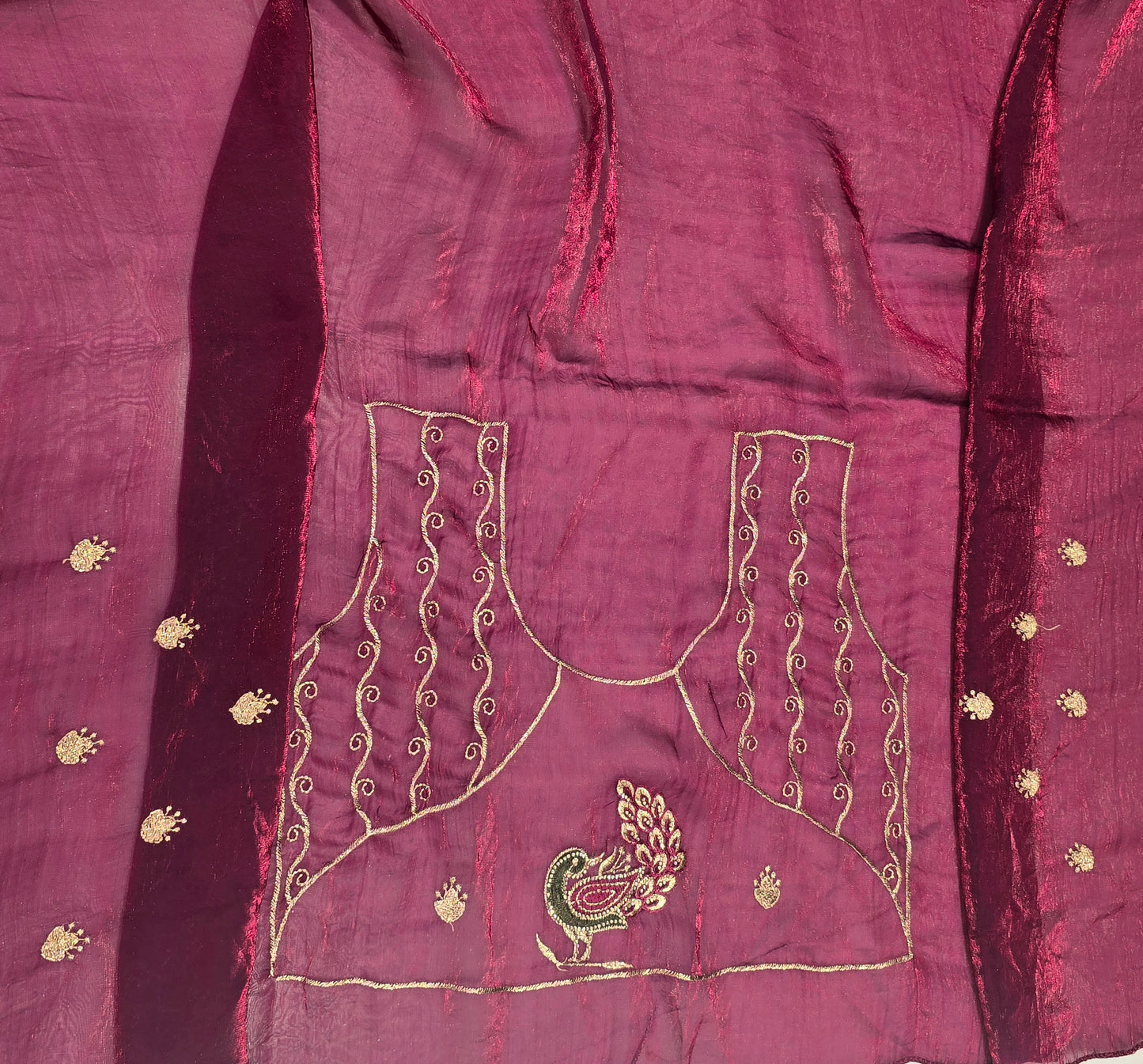 Magenta Wine Silk Saree with Elegant Peacock Embroidery Work