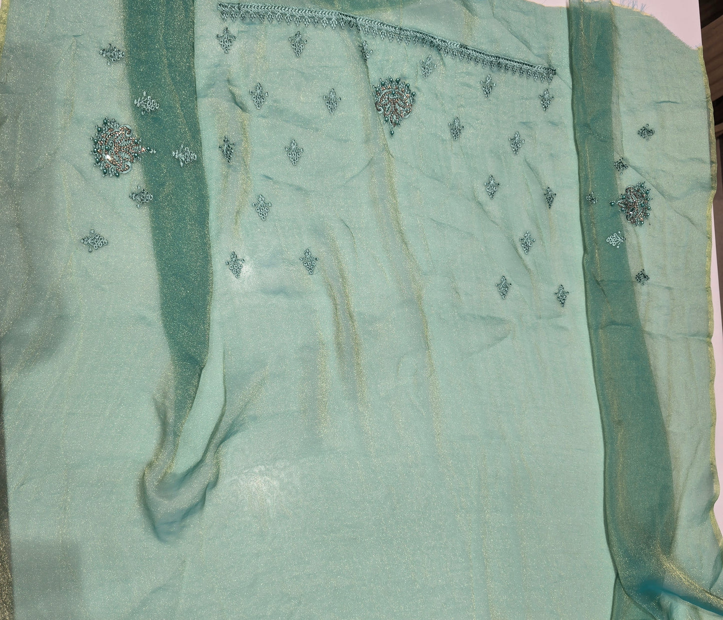 Sea Green Designer Party Wear Saree with Intricate Stone Embroidery Work
