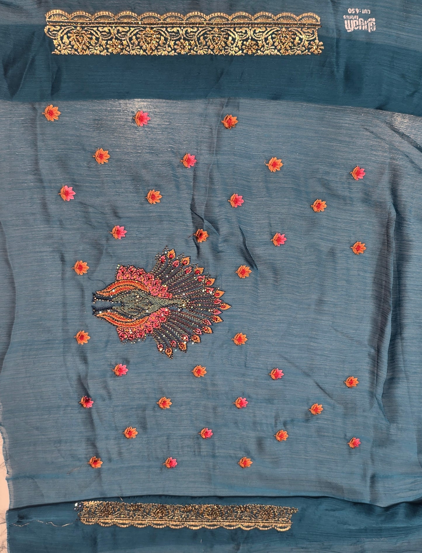 Teal Blue Silk Saree with Intricate Paisley Embroidery Work
