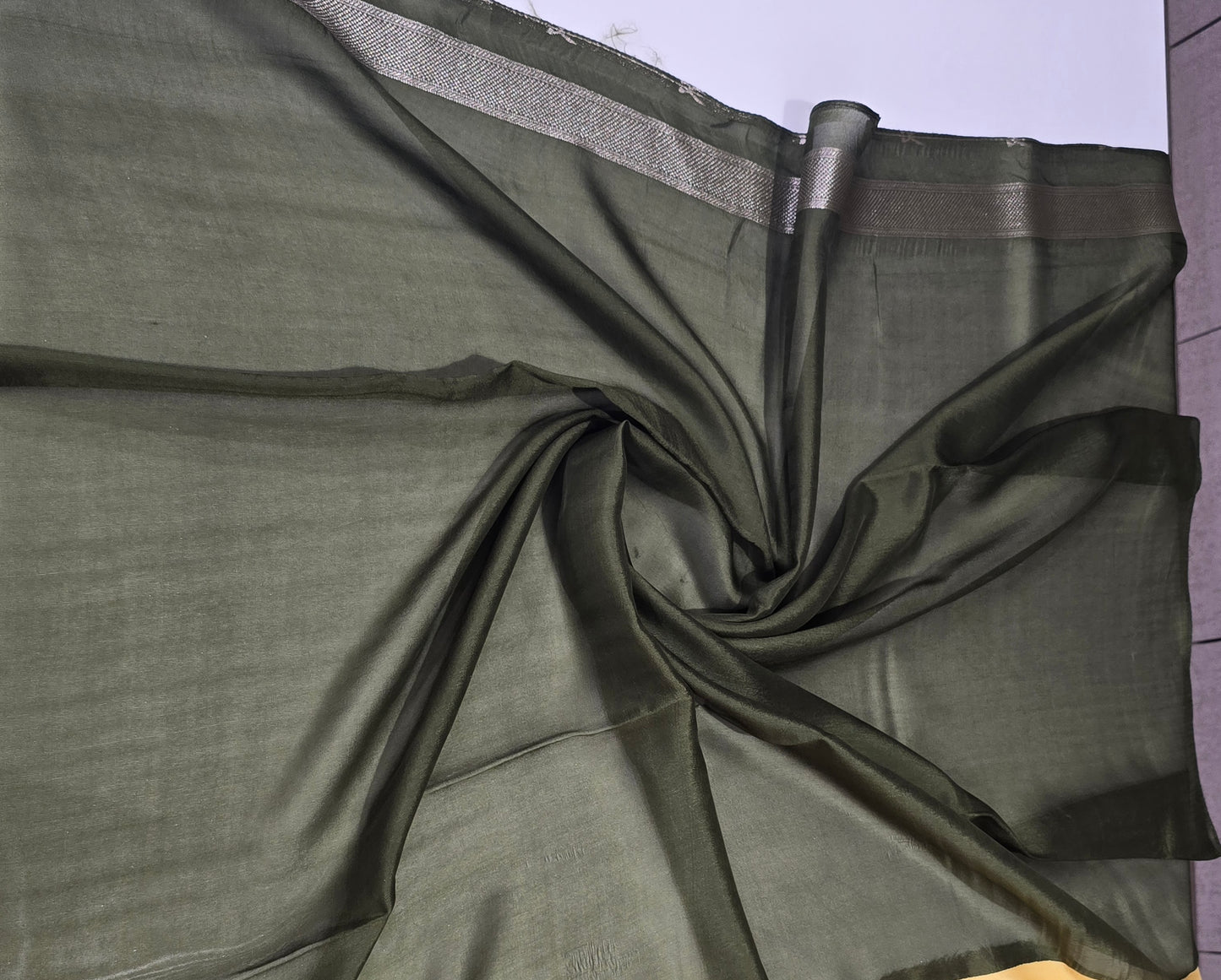 Champagne Gold Semi Mashru Banaras Saree with Floral Border Design