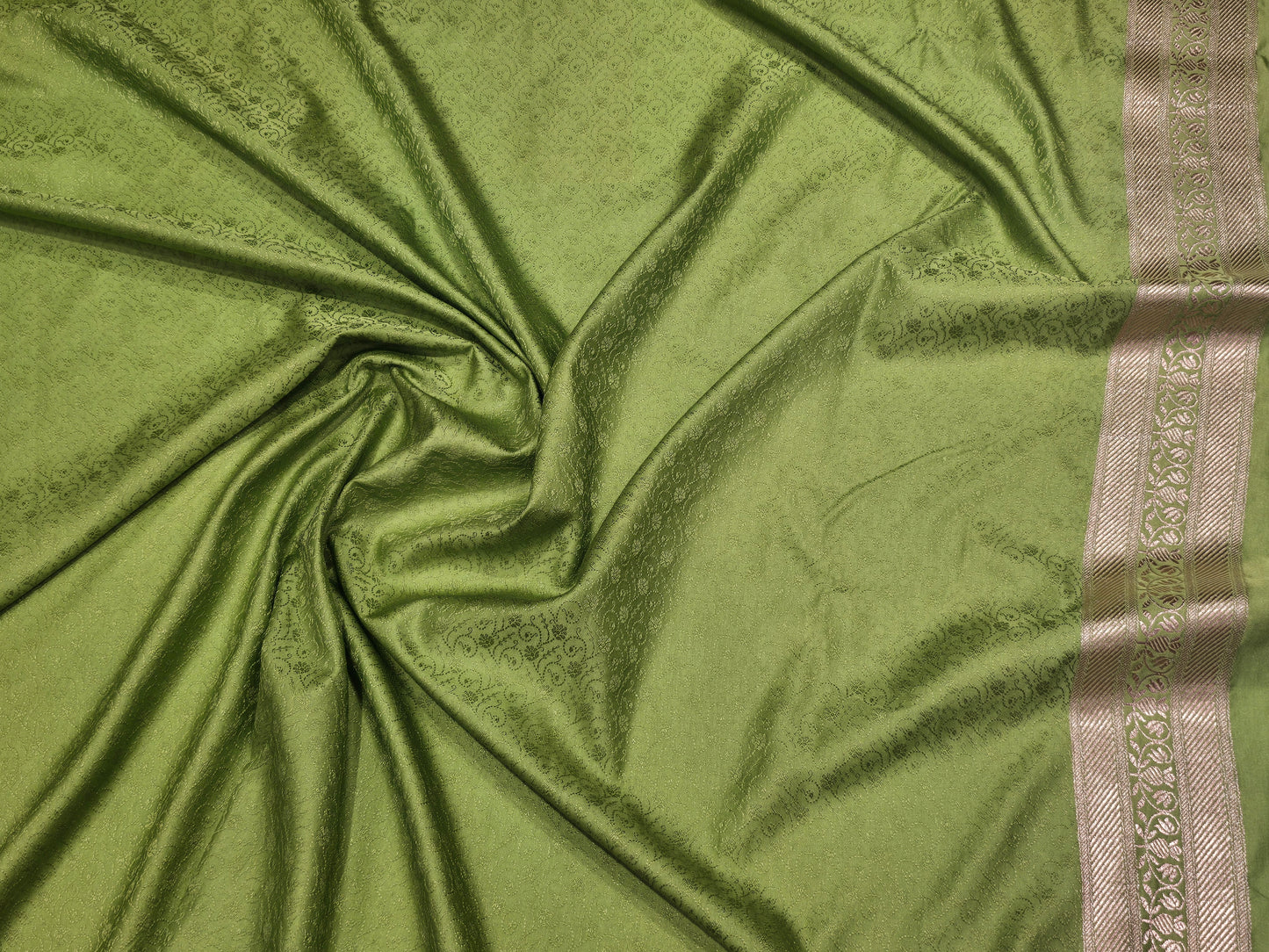 Pista Green Satin Banaras Saree with Traditional Zari Weaving