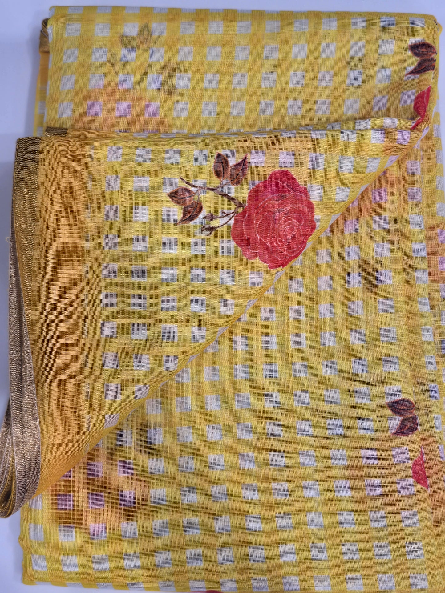 Cotton Linen Saree with Floral Check Print Design
