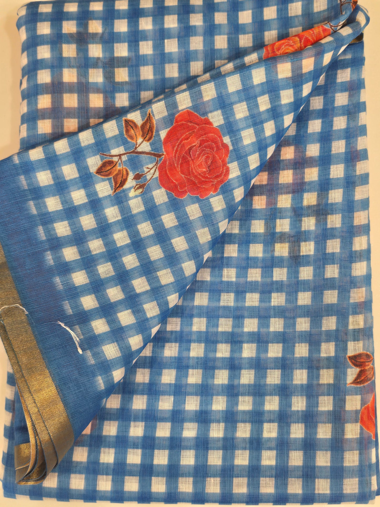 Cotton Linen Saree with Floral Check Print Design