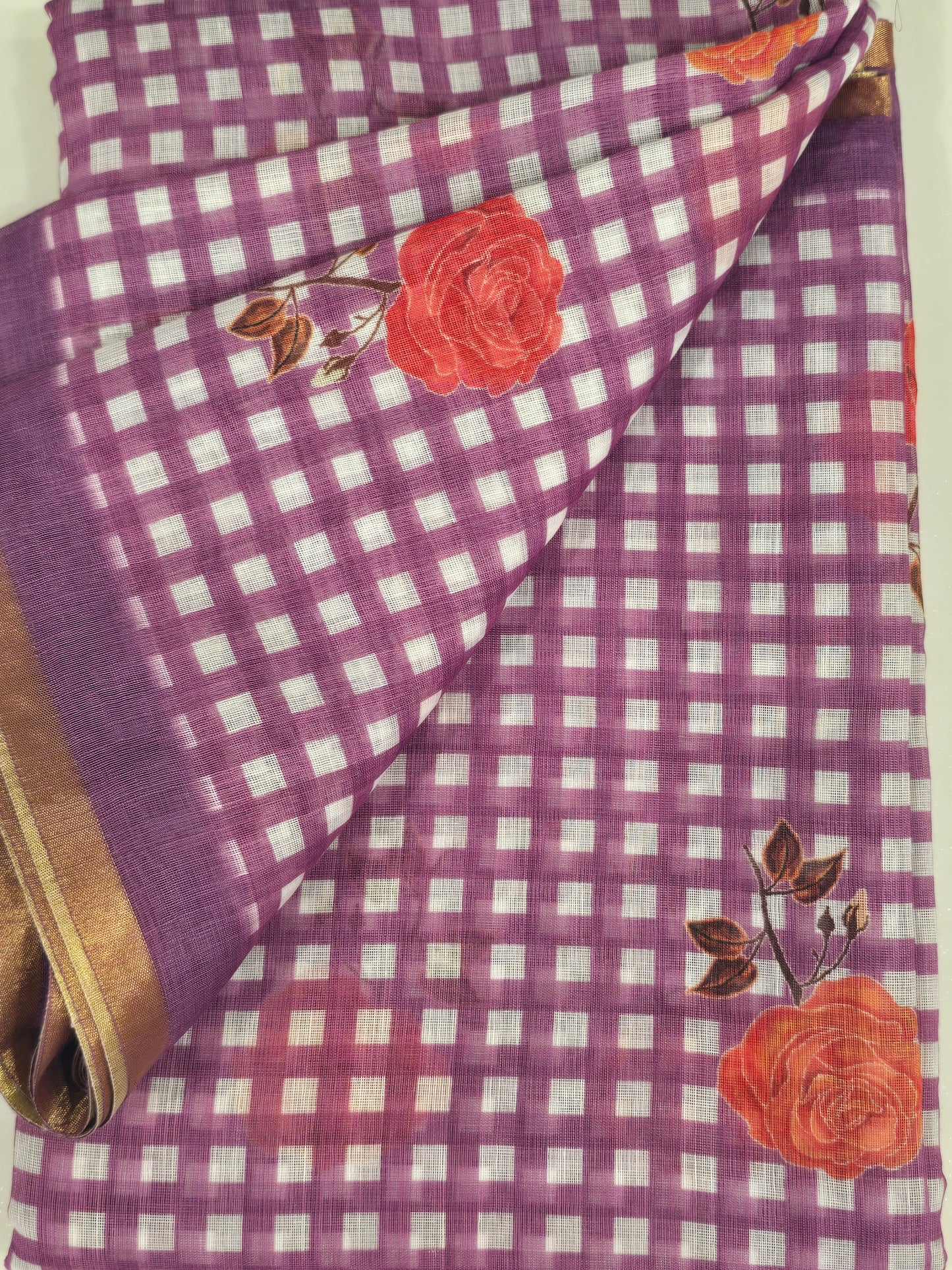 Cotton Linen Saree with Floral Check Print Design