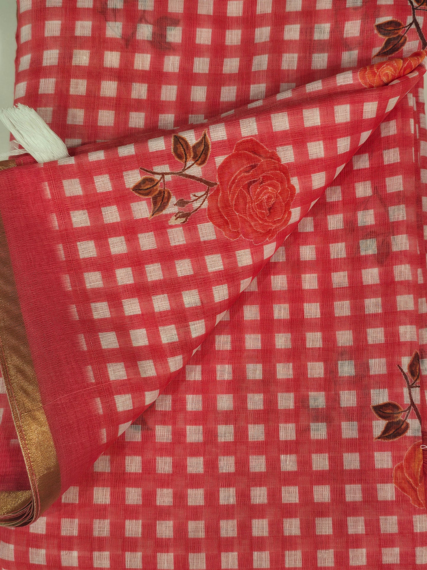 Cotton Linen Saree with Floral Check Print Design