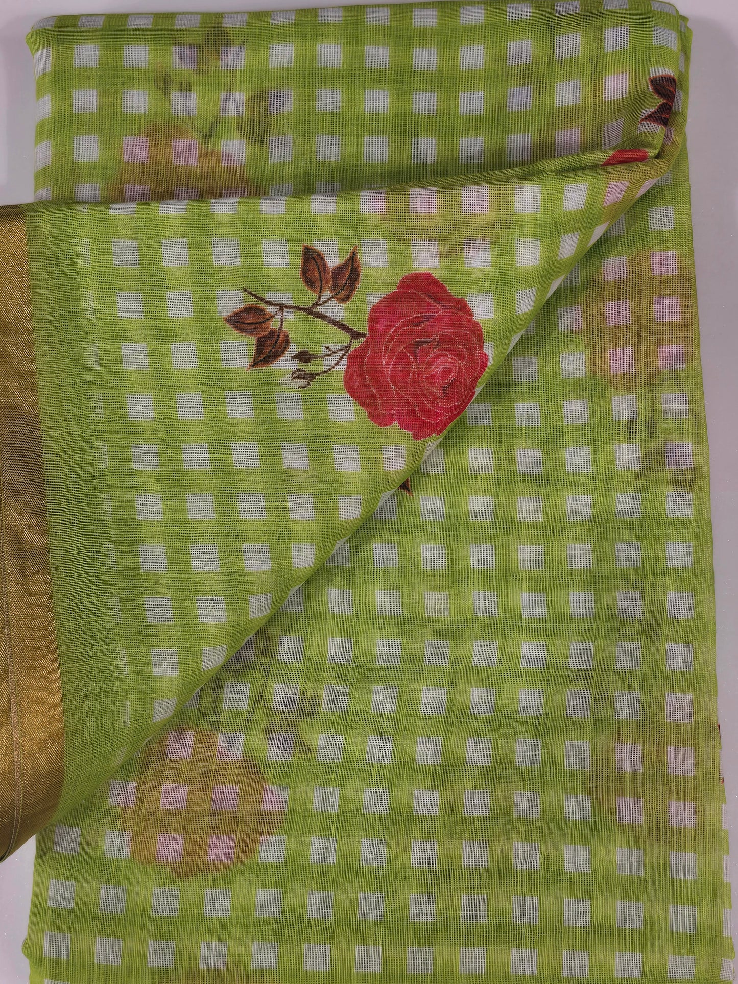 Cotton Linen Saree with Floral Check Print Design