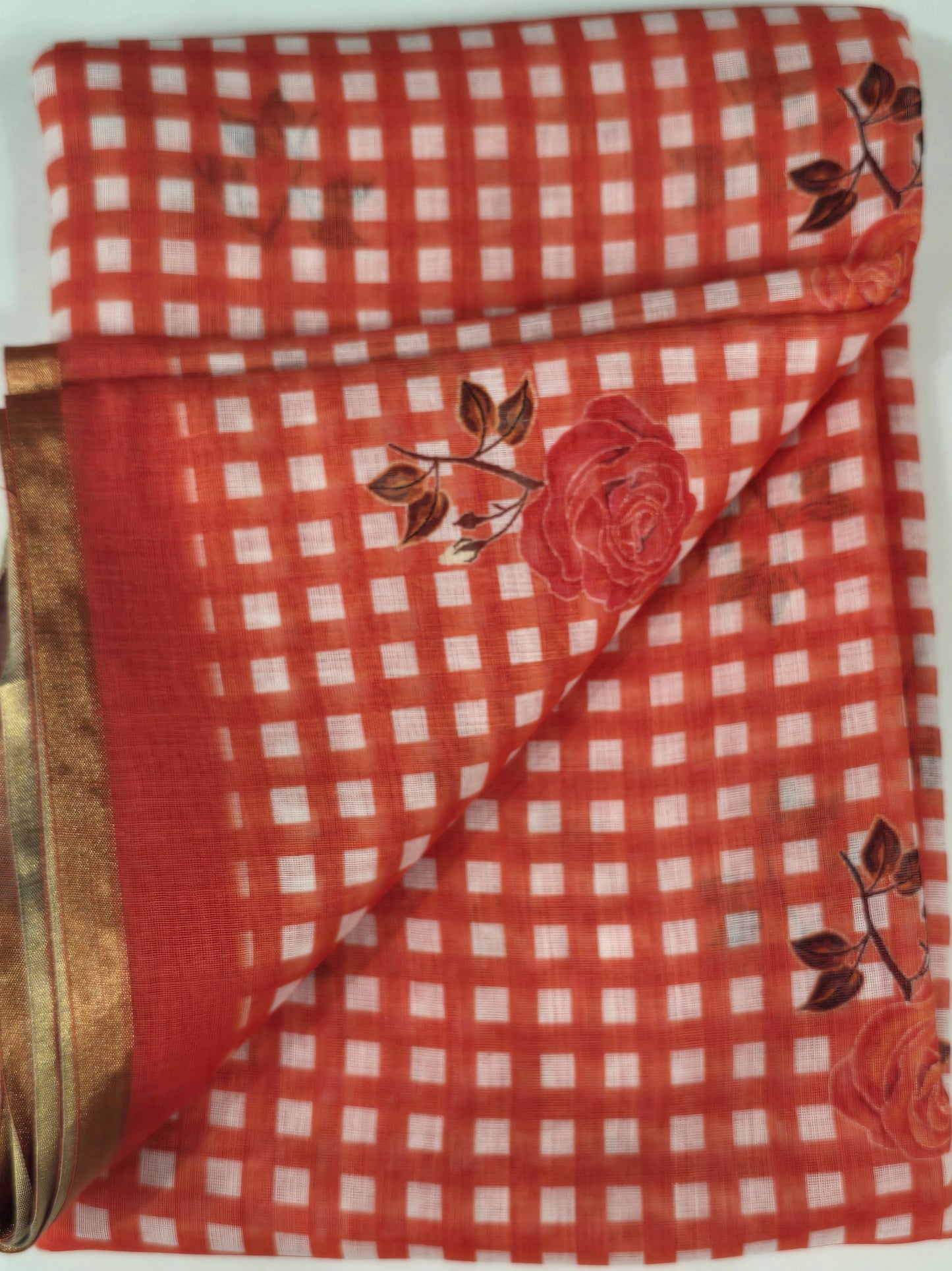 Cotton Linen Saree with Floral Check Print Design