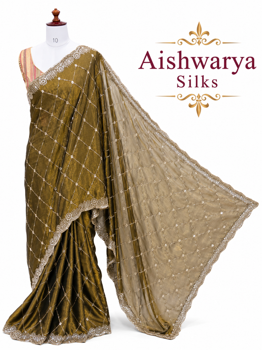 Antique Gold Designer Party Wear Saree with Sequin Diamond Grid Work