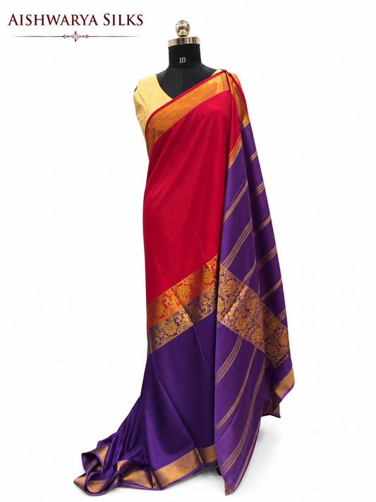 Red & Lavender Semi Mysore Crepe Saree