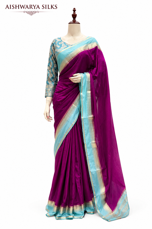 Magenta & Sky Blue Semi Mysore Crape Saree