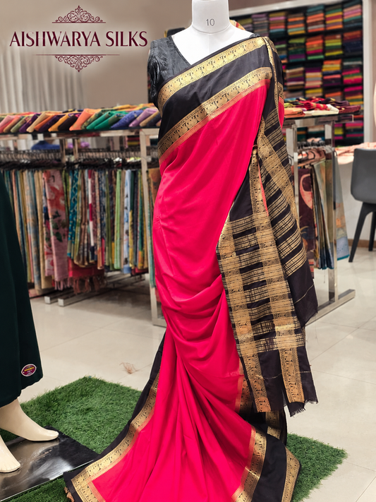 Red & Black Semi Mysore Crepe Saree ❤️🖤✨