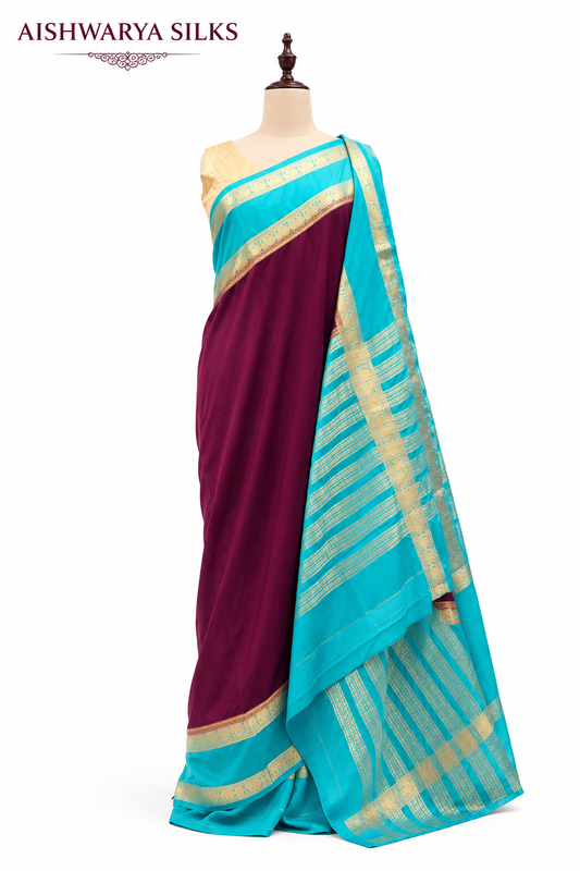 Wine & Turquoise Blue Semi Mysore Crape Saree